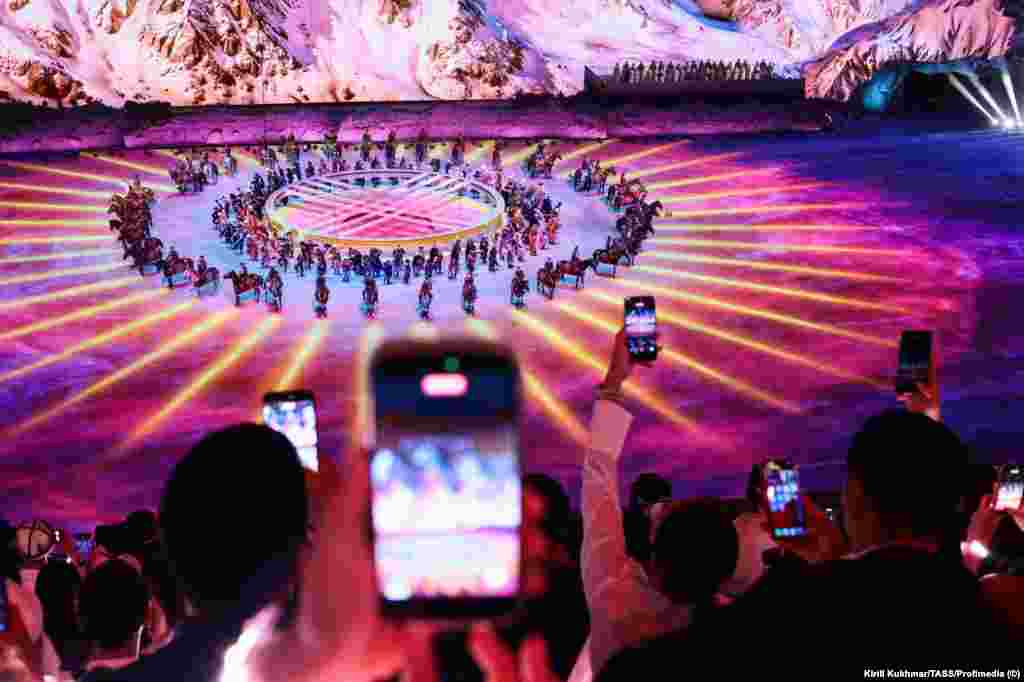 Dancers during a performance at the opening ceremony that showed off Kyrgyz history and mythology. 