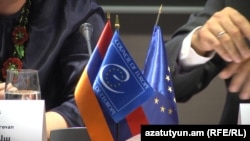 Armenia -- EU, CoE and Armenia flags at a conference in Yerevan, 01Oct2015
