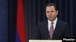 Armenia -- Armenian Defense Minister Davit Tonoyan at a news conference in Yerevan, April 9, 2019.