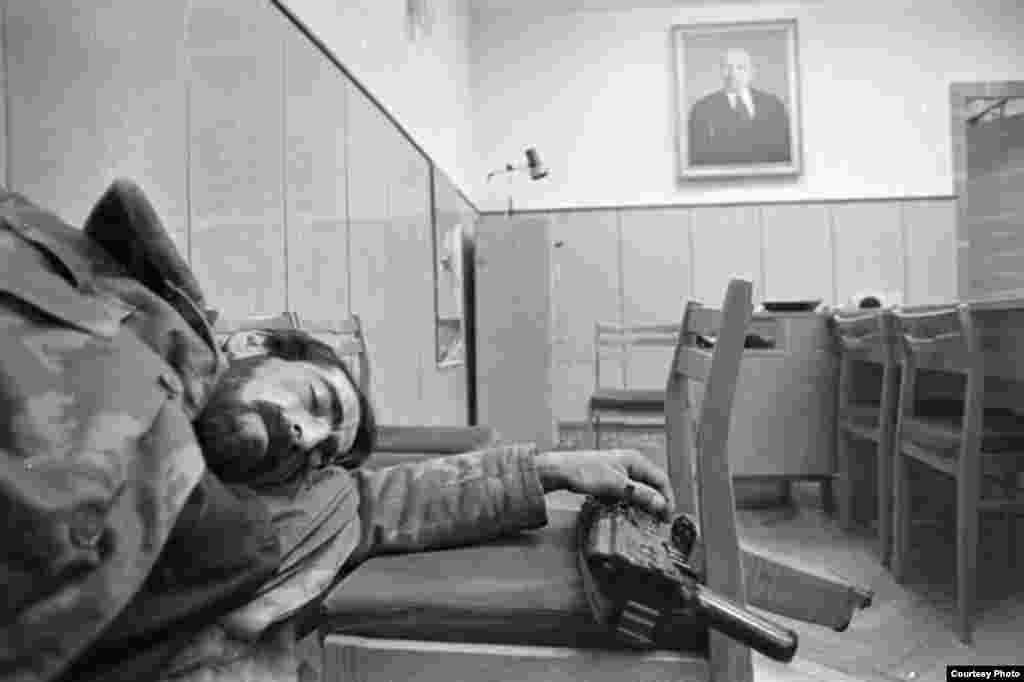 Chechnya. Volunteers for President Dudaev's planned military units at a former police station. 1991.