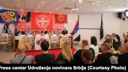 Konferencija ultradesničarskih partija u Press centru Udruženja novinara Srbije (UNS) u Beogradu, 31. maj 2026.