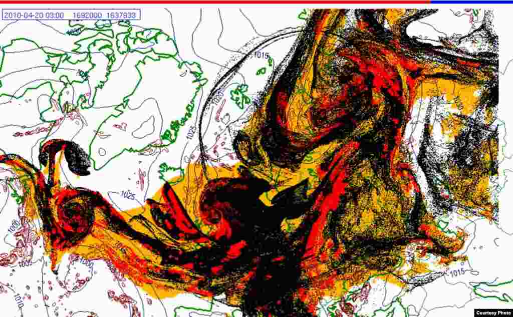 Projected spread of Icelandic ash cloud (20.4. 0300 UTC) - These images show a projection of the movement of the ash clouds from the Iceland volcanic eruption moving over Europe. The colors on the map represent: yellow: ash that has fallen by itself red: ash that has fallen by precipitation black: the actual ash cloud Source: Norwegian Meteorological Institute