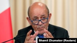 RUSSIA -- French Foreign Minister Jean-Yves Le Drian gestures as he speaks after a meeting of the Russian-French Security Cooperation Council in Moscow, September 9, 2019