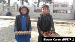 آرشیف- دو تن از کودکان در فاریاب تخم فروشی می کنند