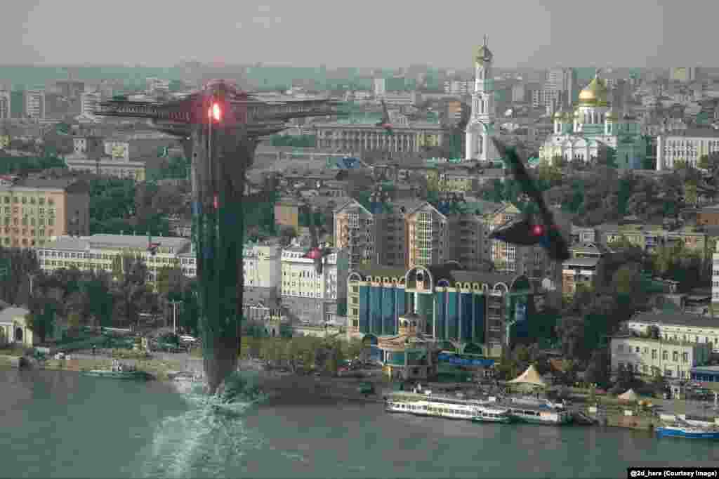 Spaceships from Thor 2, a 2013 superhero movie, attack Rostov-on-Don. Yevgeny Zubkov, the member of the collective who created this image, says he prefers to work from images of his own hometown. 