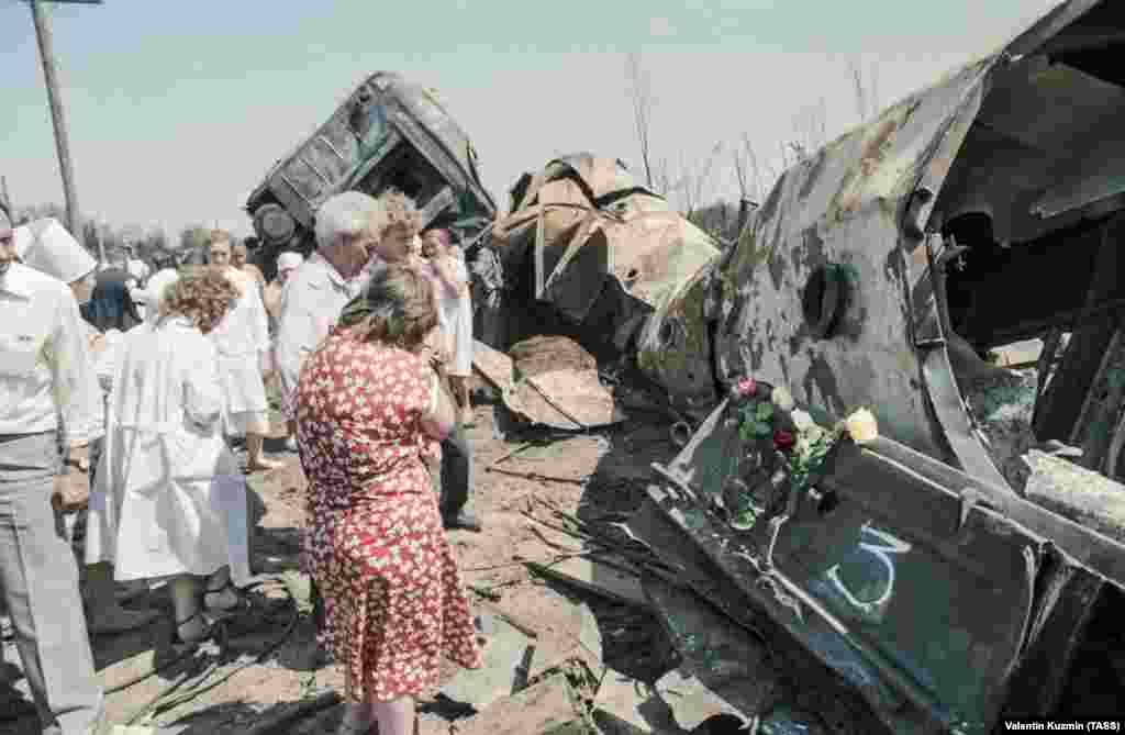 Relatives and friends of the victims arrive at the scene. It was known as the Ufa rail disaster, after the nearest town 50 kilometers away.