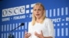 Голова ОБСЄ, міністрка закордонних справ Фінляндії Еліна Валтонен виступає на конференції ОБСЄ «Гельсінкі+50» у Гельсінкі, Фінляндія, 31 липня 2025 року