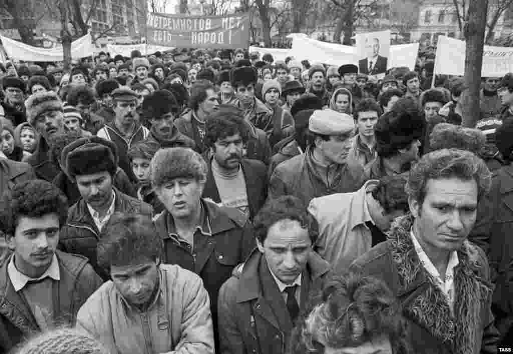 Crimean Tatars demonstrate in Krasnodar to demand the return to their homeland on March 6, 1988, in what were the first ethnic protests to be reported by the Soviet press.