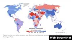 نقشه‌ای از شدت شیوع افسردگی در کشورهای مختلف جهان که بر اساس تحقیق دانشگاه کوئینزلند از سوی روزنامه واشینگتن پست تهیه شده است.