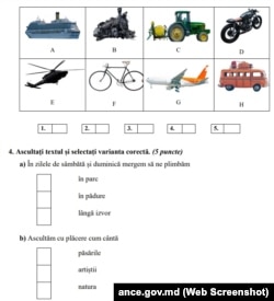 Fragment din modelul de test pentru nivelul A1 de evaluare a competențelor de comunicare în limba română