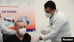 Presidenti i Turqisë, Recep Tayyip Erdogan, duke marrë vaksinën kundër koronavirusit. 