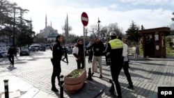 Turkish police secure the area after an explosion near the Blue Mosque, in the Sultanahmet district of central Istanbul, in January.