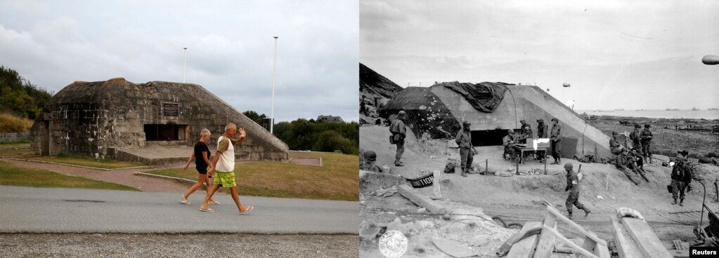 The Beaches Of Normandy On D Day And Today On The Right U S Troops Gather Around A Signal Post Used By Engineers