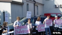 Polish activists picket in support of Zhovtis in front of the Kazakh Embassy in Warsaw earlier this month.