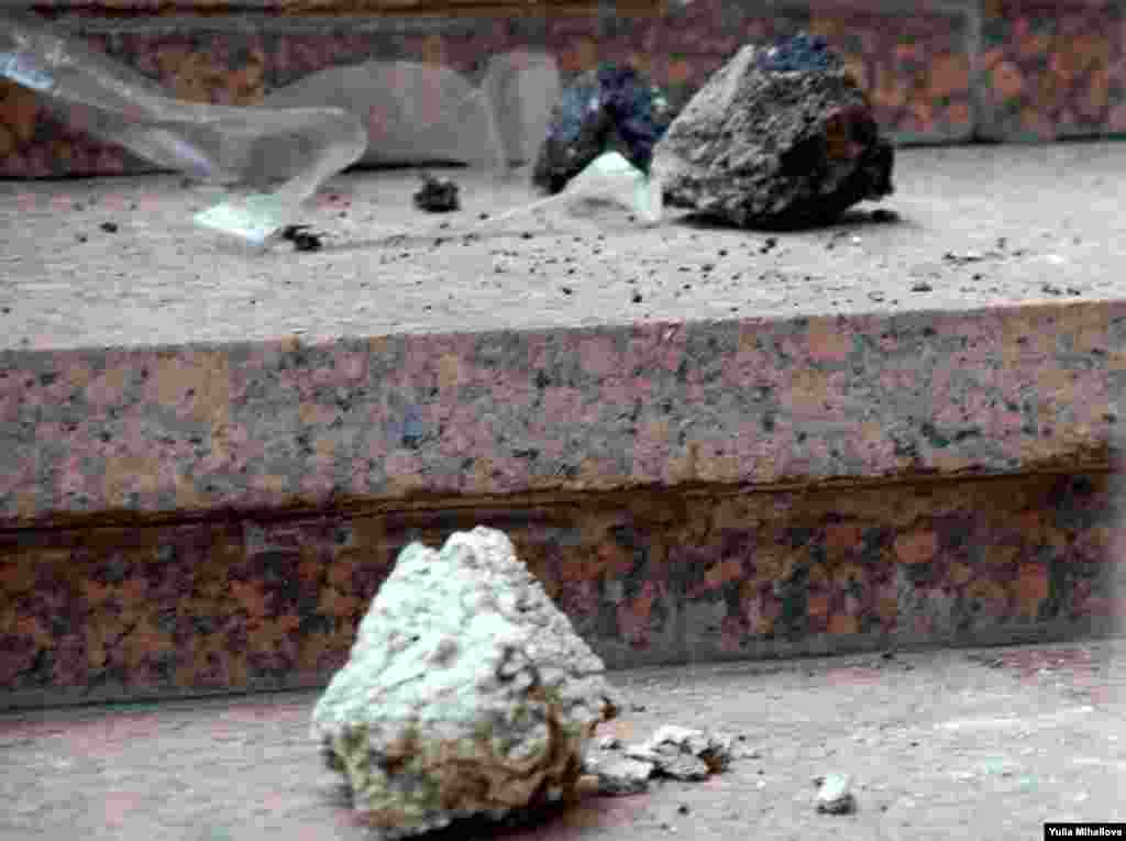 Moldova – Stones on the stairs outside the parliament building downtown Chisinau thrown by protesters, 07Apr2009