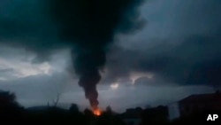 The screenshot of video distributed by Siranush Sargsyan's Twitter account shows smoke rising after a fuel depot explosion near Stepanakert, September 25, 2023.
