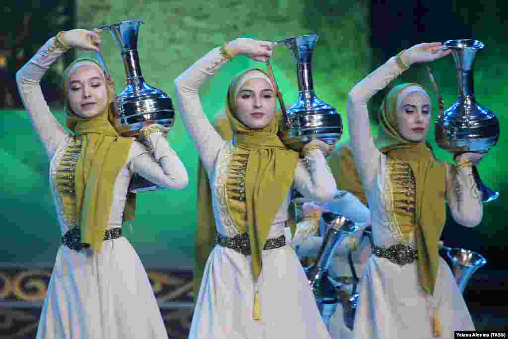 Members of a dance ensemble perform at the closing ceremony for the&nbsp;2020 Caucasian Peoples&#39; Festival of Sports and Culture in Grozny, Chechnya. (TASS/Yelena Afonina)