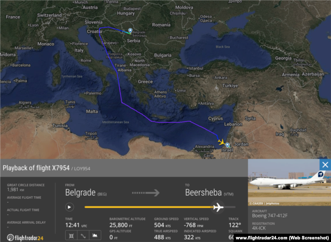 Screenshot sa sajta FlightRadar24, gde se vidi putanja kargo aviona sa registarskom oznakom 4X-ICK od Beograda ka Berševi na jugu Izraela, 24. jun 2025.