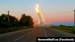 Ukrainian forces launch rockets with HIMARS multiple-rocket systems in the Zaporizhzhya region in July 2022.