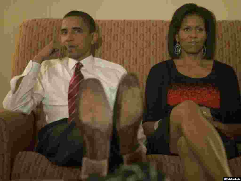 U.S. President-elect Barack Obama and his family watch the results come in on election night in Chicago on November 5. - obama10