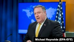 Secretarul de stat Mike Pompeo la o conferință de presă la Washington înaintea turneului diplomatic din Asia