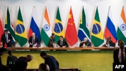 BRICS leaders at a summmit in Brasilia on November 14 (left to right): Chinese President Xi Jinping, Russian President Vladimir Putin, Brazilian President Jair Bolsonaro, Indian Prime Minister Narendra Modi, and South African President Cyril Ramaphosa