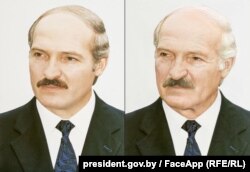 На колькі гадоў старыць FaceApp, невядома. Зьлева — афіцыйны партрэт Аляксандра Лукашэнкі 2001 году, справа — састараны праз FaceApp