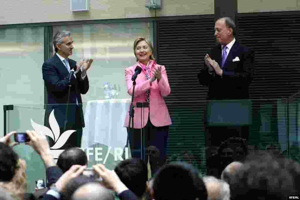 U.S. Secretary of State Hillary Clinton speaks during a visit to RFE/RL's headquarters in Prague, 2009.