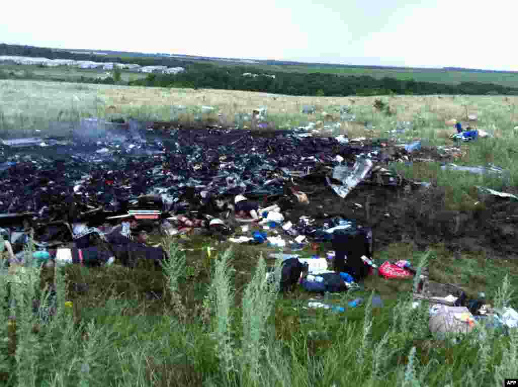 Charred wreckage strewn across a field.