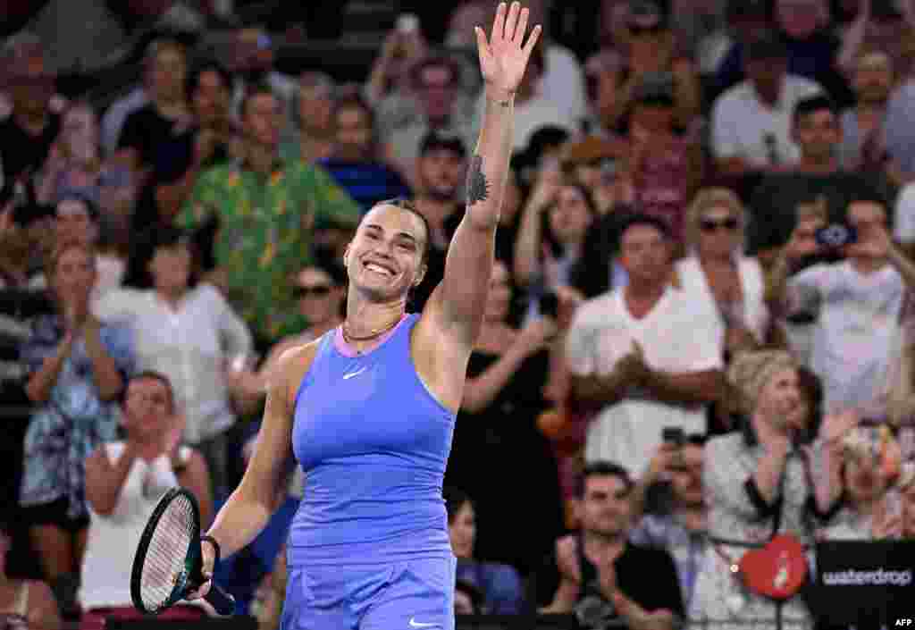 Belarus&#39;s Aryna Sabalenka celebrates defeating Russia&#39;s Polina Kudermetova in their women&#39;s singles final match at the Brisbane International tennis tournament.&nbsp;