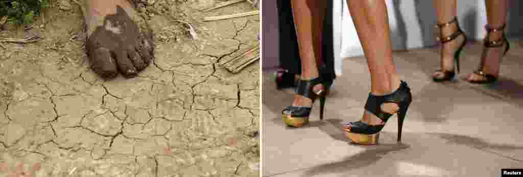 A female farmer&#39;s bare foot is covered with mud in Langfang, Hebei Province, about 80 kilometers from Beijing. At a fashion show in Beijing, celebrity invitees pose to have their pictures taken. 