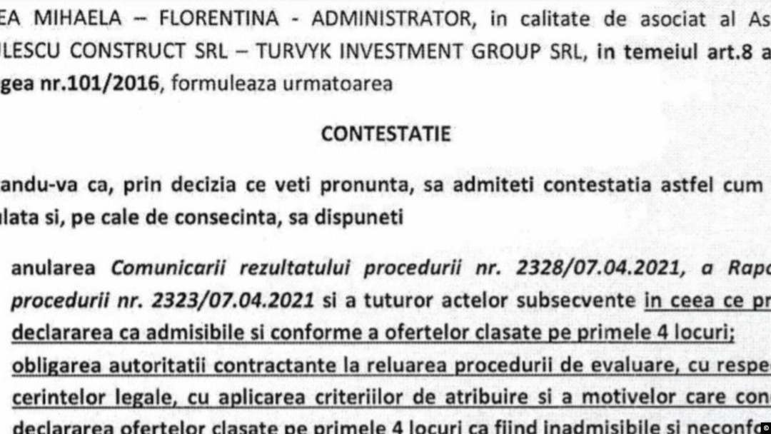 Contestația depusă de firma care s-a clasat pe locul cinci