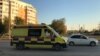 Kazakhstan – An ambulance car on the street during coronavirus / COVID-19 pandemic in Aktobe city. July 26, 2020.
