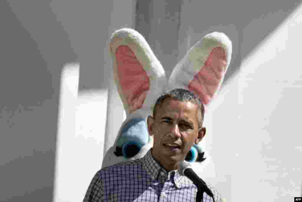 U.S. President Barack Obama speaks during an Easter Egg Roll on the South Lawn of the White House on April 6. (AFP/Brendan Smialowski)