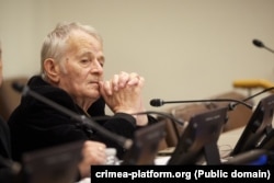 Національний лідер кримських татар Мустафа Джемілєв на шостому саміті «Кримська платформа» у штаб-квартирі ООН у Нью-Йорку, 23 вересня 2026 року