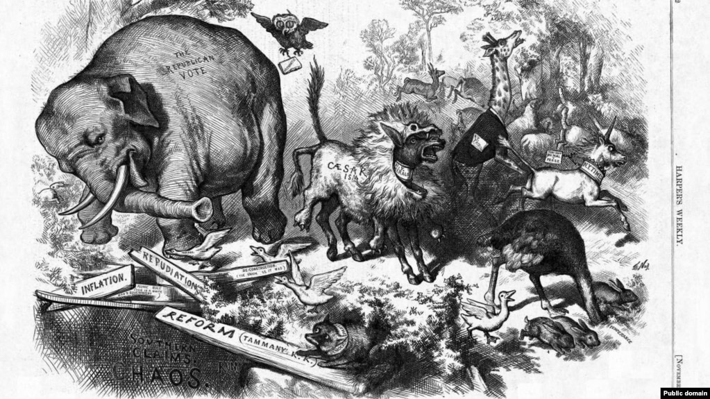 "The Third-Term Panic," by Thomas Nast, was originally published in "Harper's Magazine" in 1874 and is considered the point when the donkey and elephant came to symbolize the two parties.