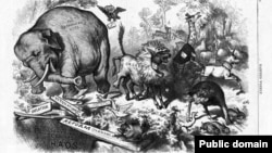"The Third-Term Panic," by Thomas Nast, was originally published in "Harper's Magazine" in 1874 and is considered the point when the donkey and elephant came to symbolize the two parties.