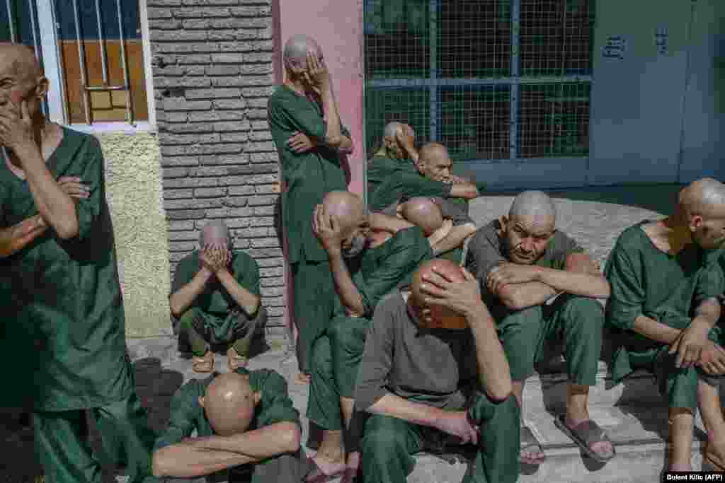 Drug users waiting to register at the Avicenna Medical Hospital for Drug Treatment in Kabul on October 16.