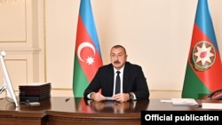 Azerbaijan -- President Ilham Aliyev addresses a virtual summit of the Commonwealth of Independent States, October 15, 2021