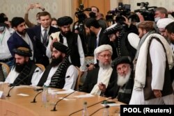 Members of a Taliban delegation take part in international talks on Afghanistan in Moscow on October 20.