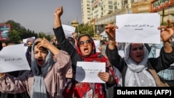 Afghan women protest against the Taliban's restrictions on their rights in Kabul on October 21.