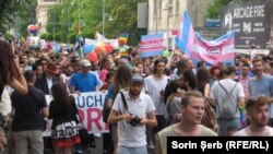 LGBT supporters march in Bucharest on June 9.