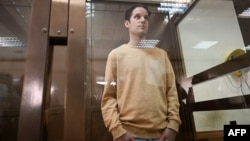 Evan Gershkovich appears for a court session at the Moscow City Court in Moscow on September 19.