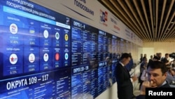 Na ekranu preliminarni rezultati parlamentarnih izbora u Rusiji u sjedištu Centralne izborne komisije u Moskvi, 21. septembra 2026.