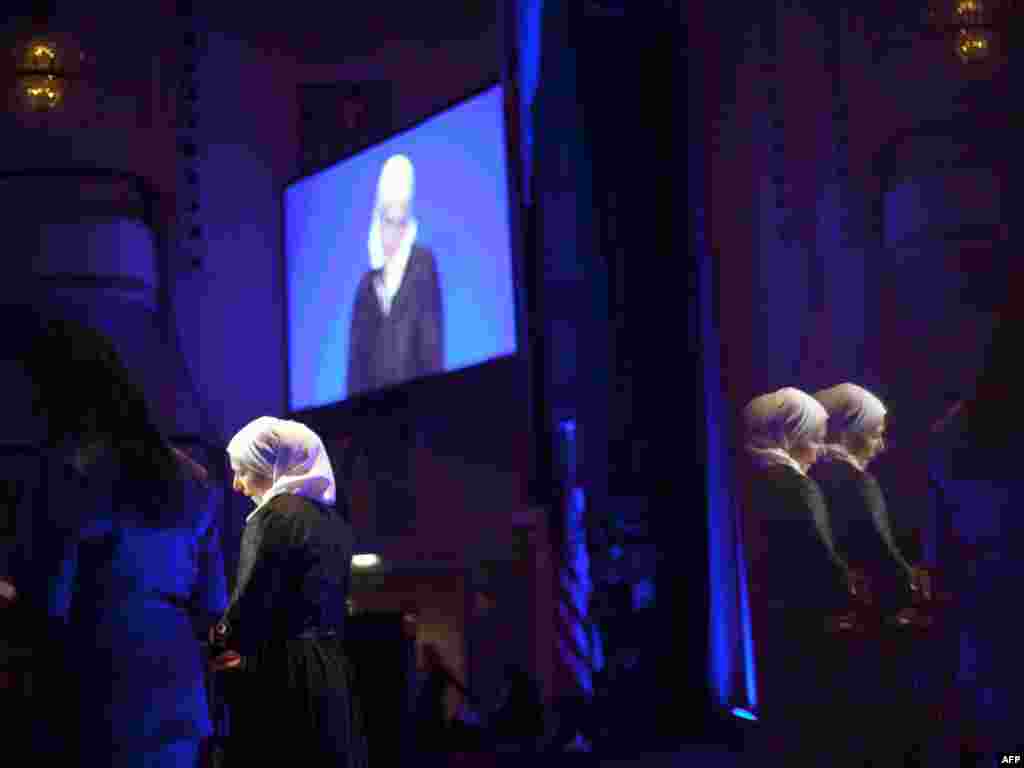 Russian journalist Nadira Isayeva speaks after accepting an award at the Committee to Protect Journalists' 20th Annual International Press Freedom Awards Dinner on November 23 in New York. Isayeva, editor in chief of "Chernovik," could face up to eight years in jail if convicted of the criminal charges against her for publishing an interview with a former guerilla leader. Photo by Michael Nagle for AFP 