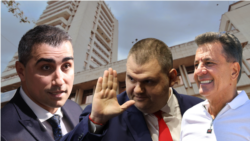Колаж със снимки на кмета на Пазарджик Петър Куленски, лидерът на „ДПС – Ново начало“ Делян Пеевски и бившия кмет Тодор Попов на фона на сградата на общината в Пазарджик