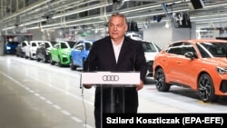 Hungarian Prime Minister Viktor Orban addresses workers at the car-manufacturing plant of Audi Hungaria Kft., an affiliate of German carmaker Audi AG, in Gyor, Hungary, in 2020.