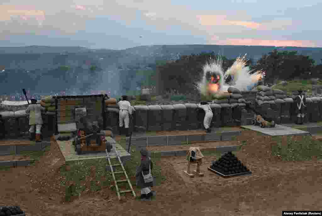 The September 5 battle re-creation was part of the opening of a military theme park near Sevastopol, Crimea, called the Park of Living History, Fedyukhiny Heights. The hilltop site is reportedly named after a Russian commander who was stationed there during the Crimean War.
