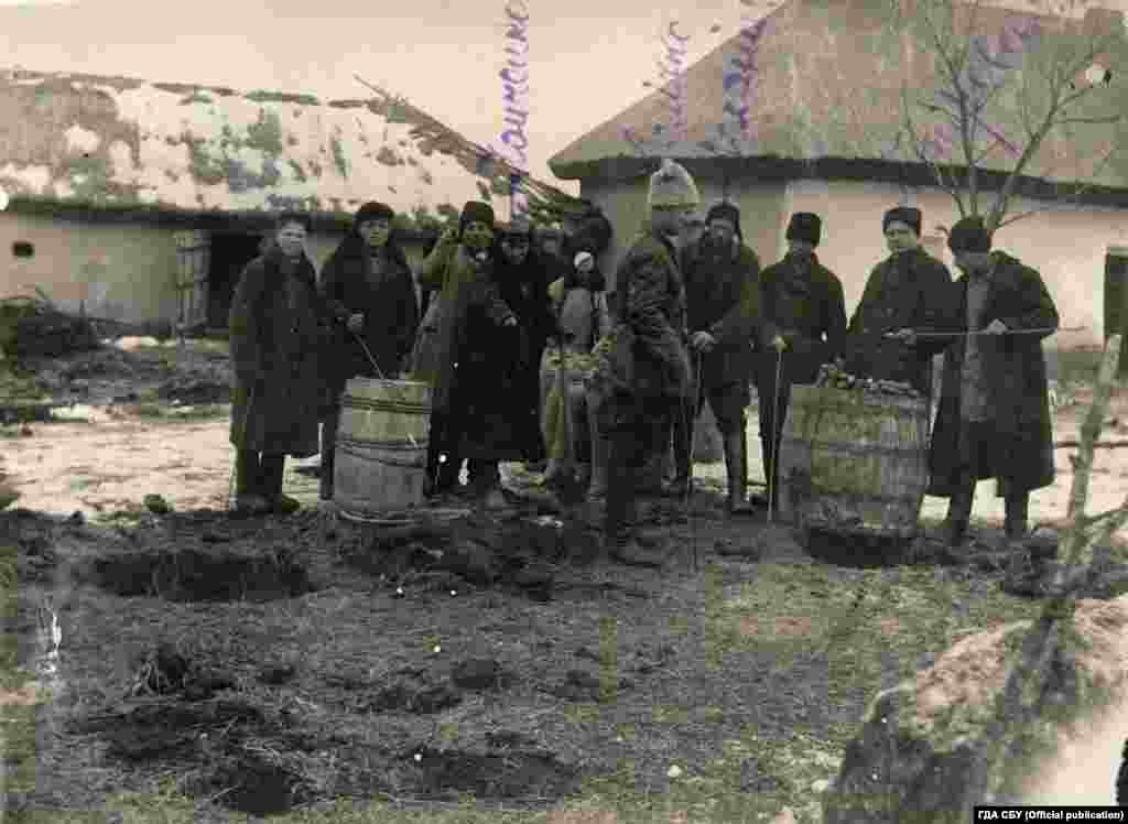 Activiști sovietici, confiscând recolta țăranilor în satul Novokrasne, regiunea Nikolaev, 1932-1933.