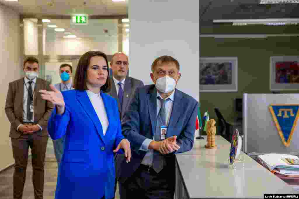 INTERNAL USAGE ONLY -- CZECH REPUBLIC – Belarusian opposition leader Svyatlana Tsikhanouskaya during visit at RFE/RL Headquarters in Prague, June 8, 2021 (permission to be requested at Photo Desk)